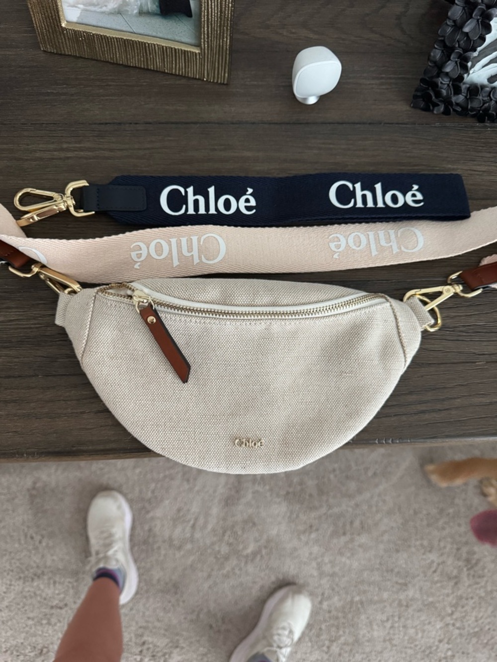 Chloé Beige Canvas Crossbody Belt Bag with Logo Straps